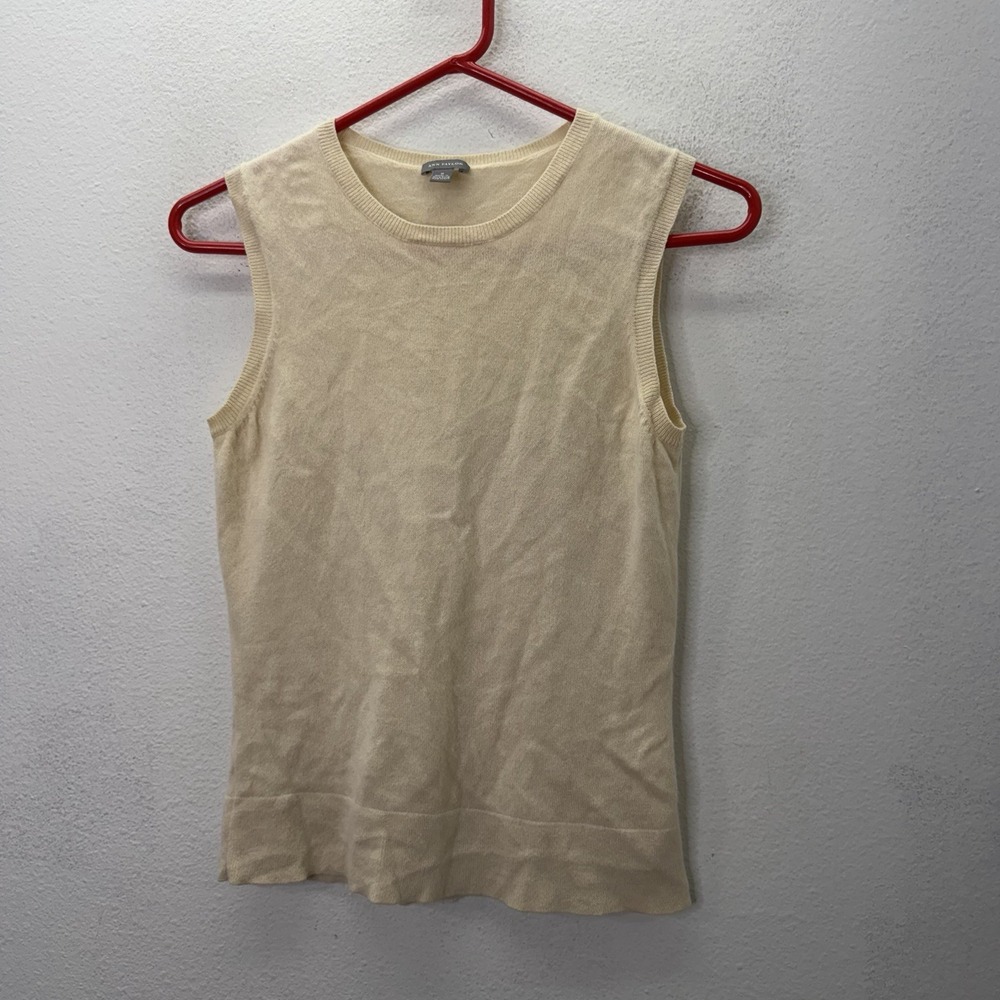 Ann Taylor 100% Cashmere Yellow Cream Knit Scoop Neck Sweater Tank Sz M VTG 90s